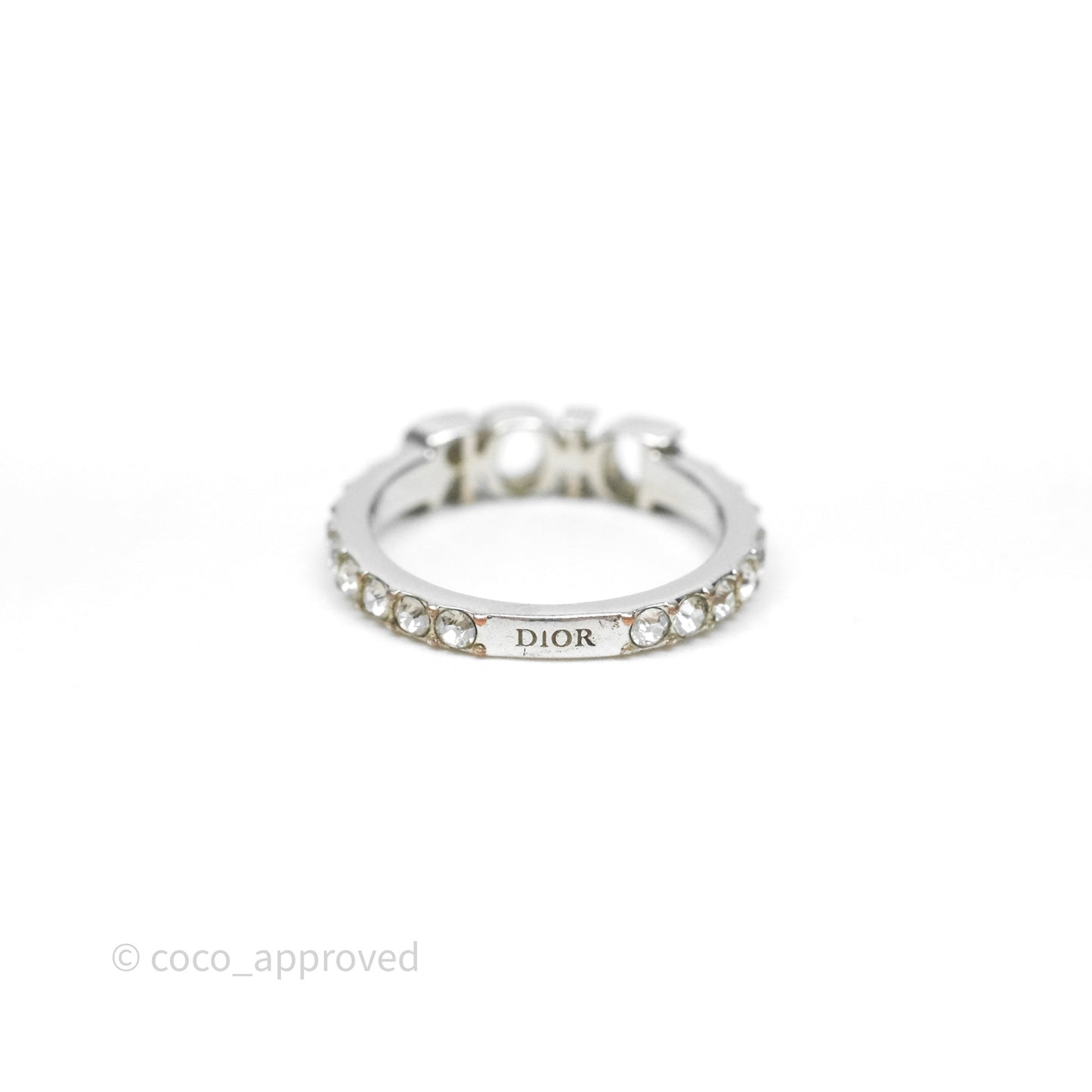 Christian Dior Crystal Logo Ring Silver Tone Size M