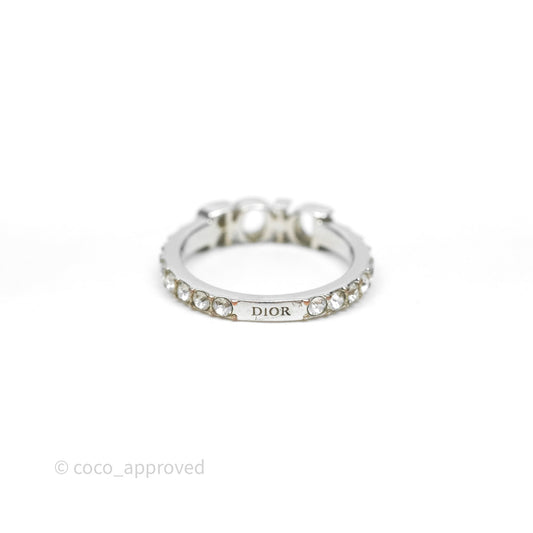 Christian Dior Crystal Logo Ring Silver Tone Size M