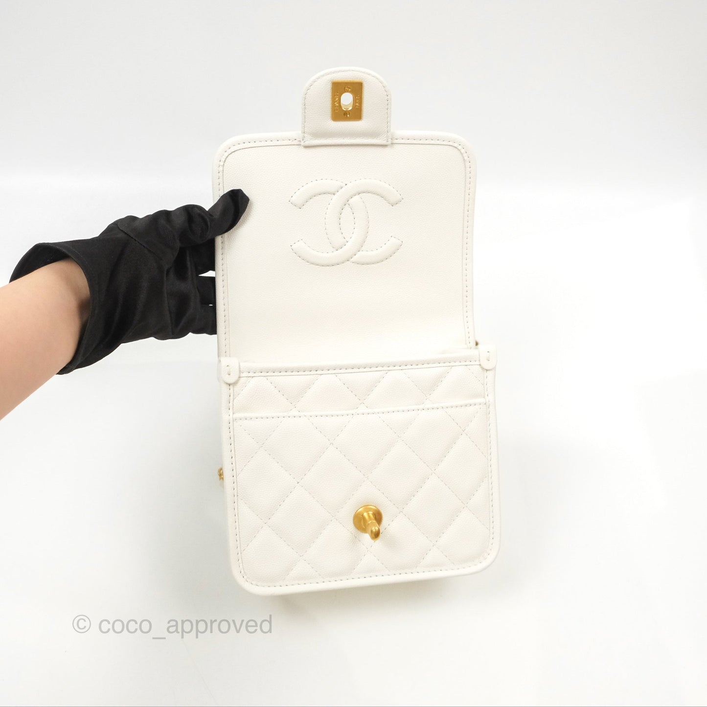 Chanel Mini School Memory Top Handle Flap White Caviar 22K