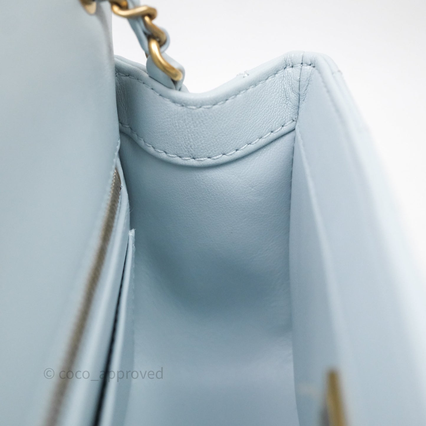 Chanel Pearl Crush Mini Rectangular Light Blue Lambskin Aged Gold Hardware