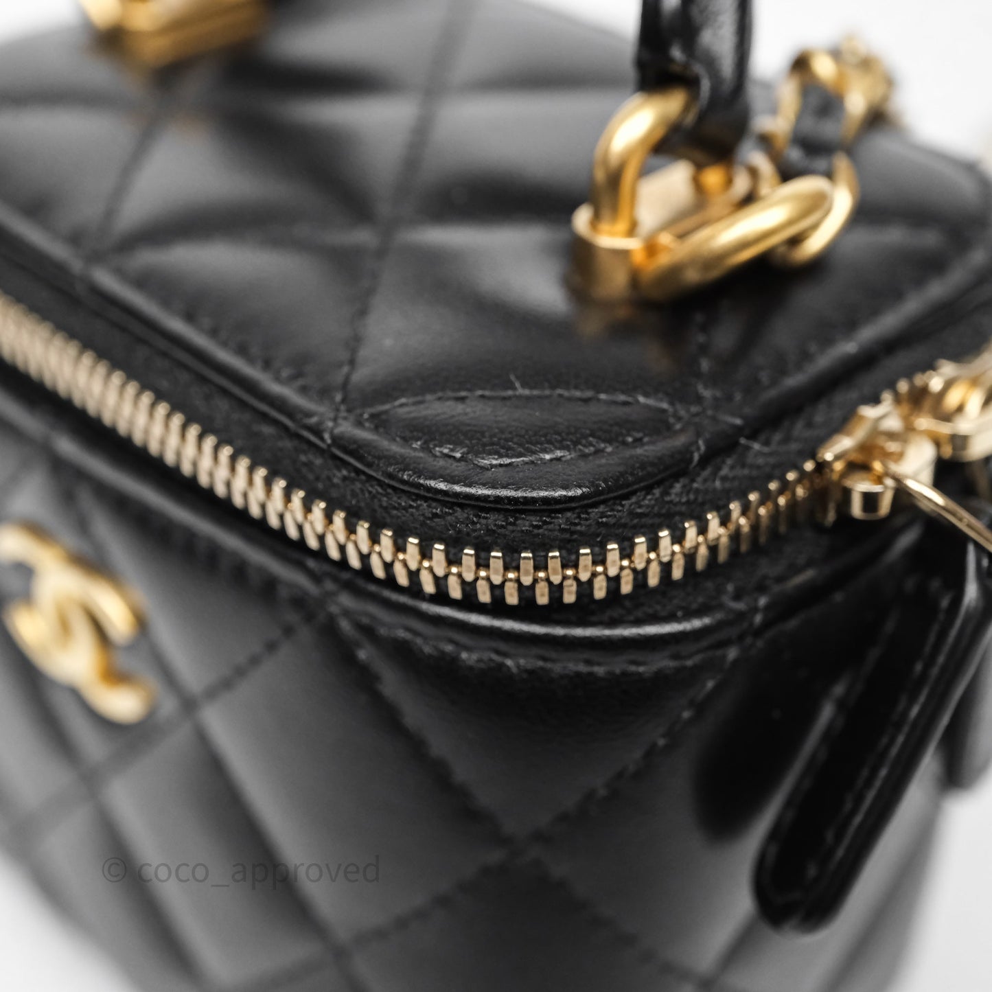 Chanel Mini Top Handle Vanity With Chain Black Lambskin Aged Gold Hardware
