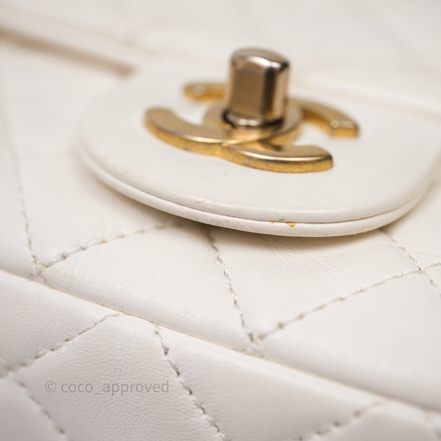 Chanel Mini Rectangular Pearl Crush Quilted White Lambskin Aged Gold Hardware