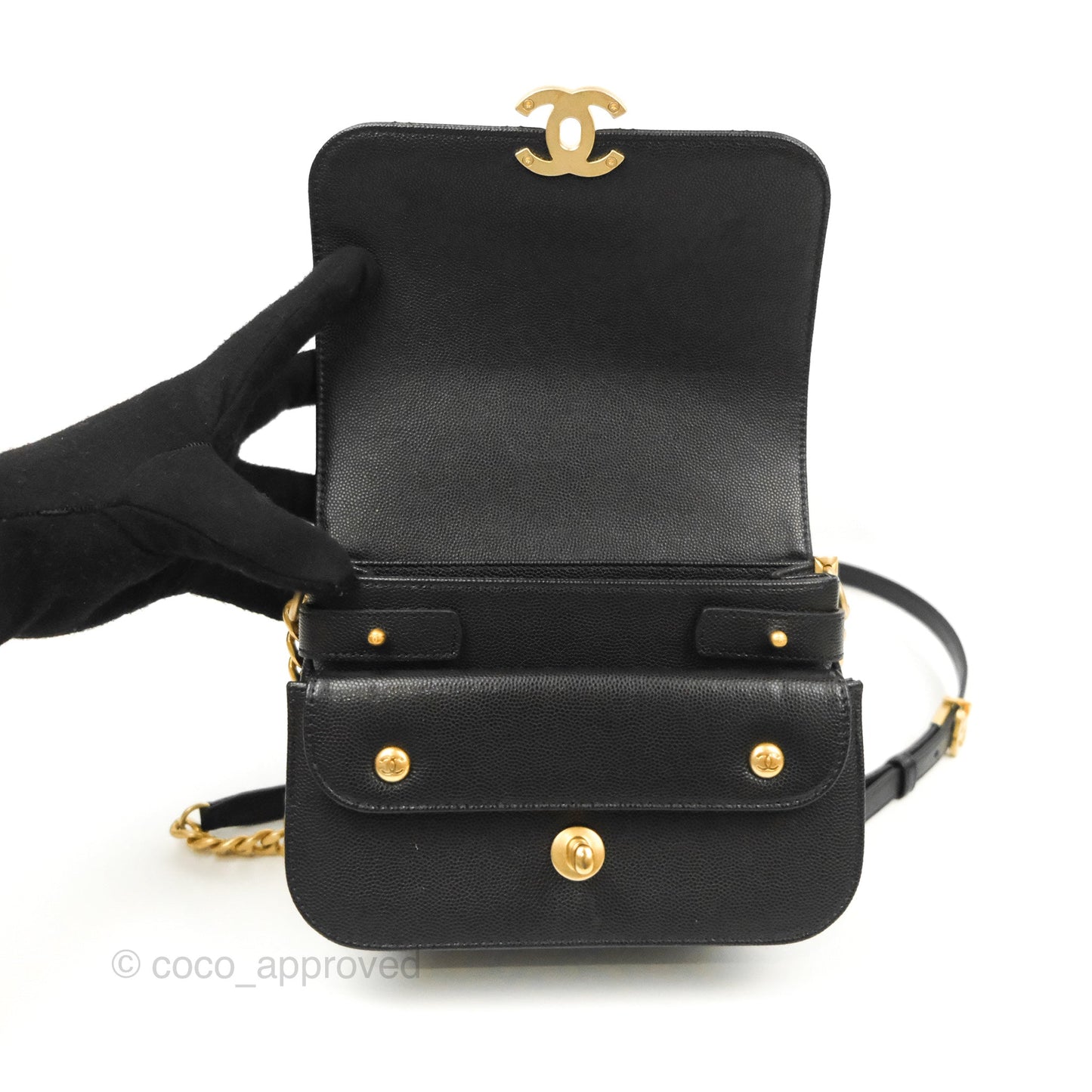Chanel Mini Messenger Bag Black Caviar Aged Gold Hardware 21K