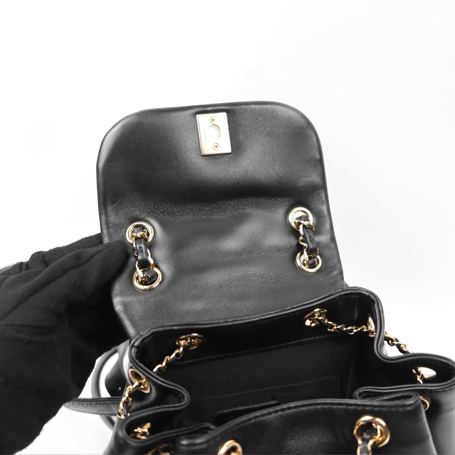 Chanel Quilted Small Duma Drawstring Backpack Black Lambskin Gold Hardware