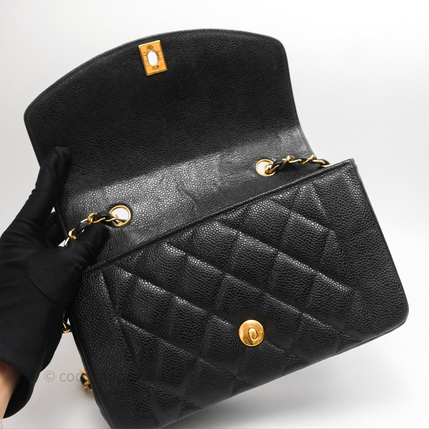 Chanel Small Vintage Quilted Classic Diana Flap Bag Black Caviar 24K Gold Hardware