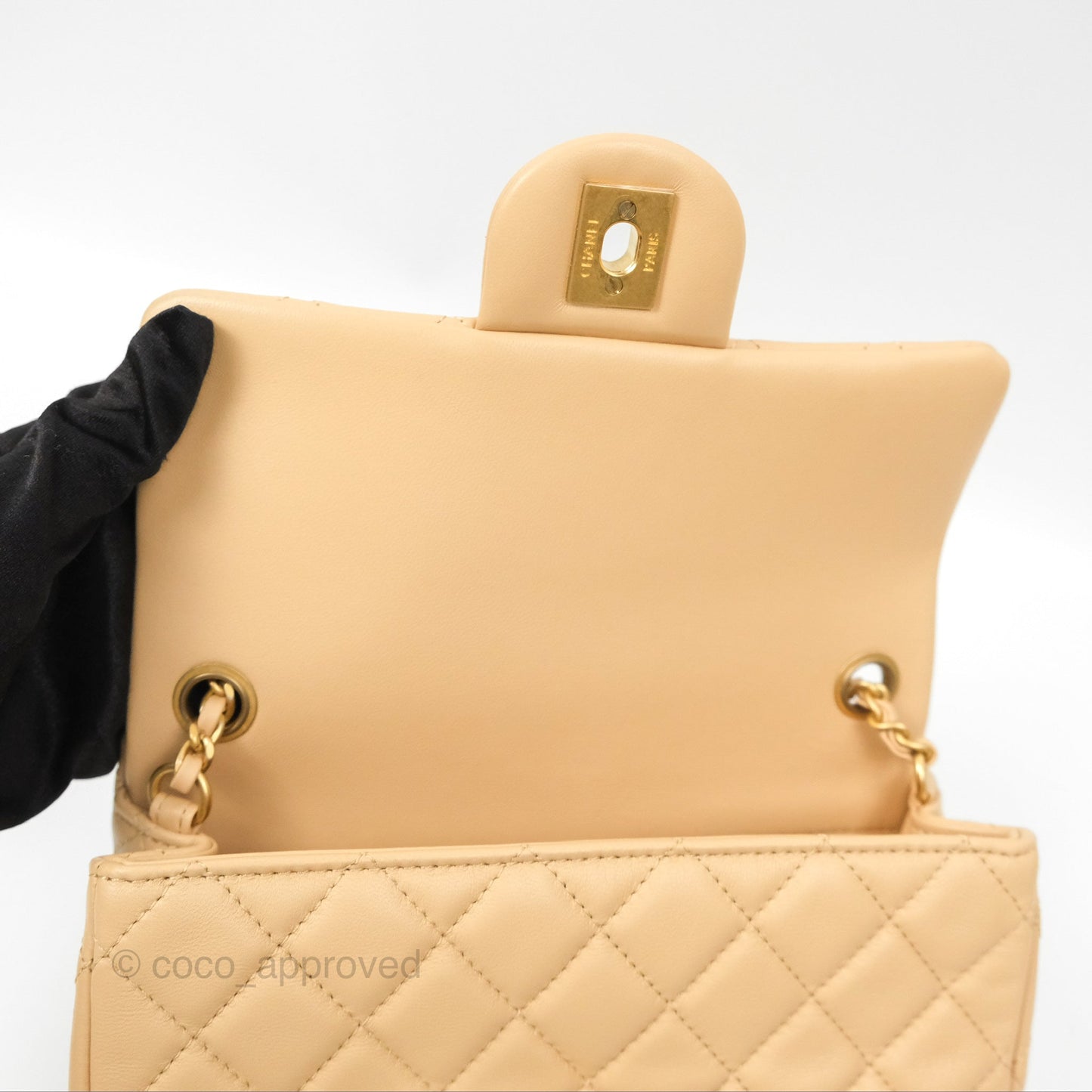 Chanel Mini Rectangular Pearl Crush Beige Lambskin Aged Gold Hardware