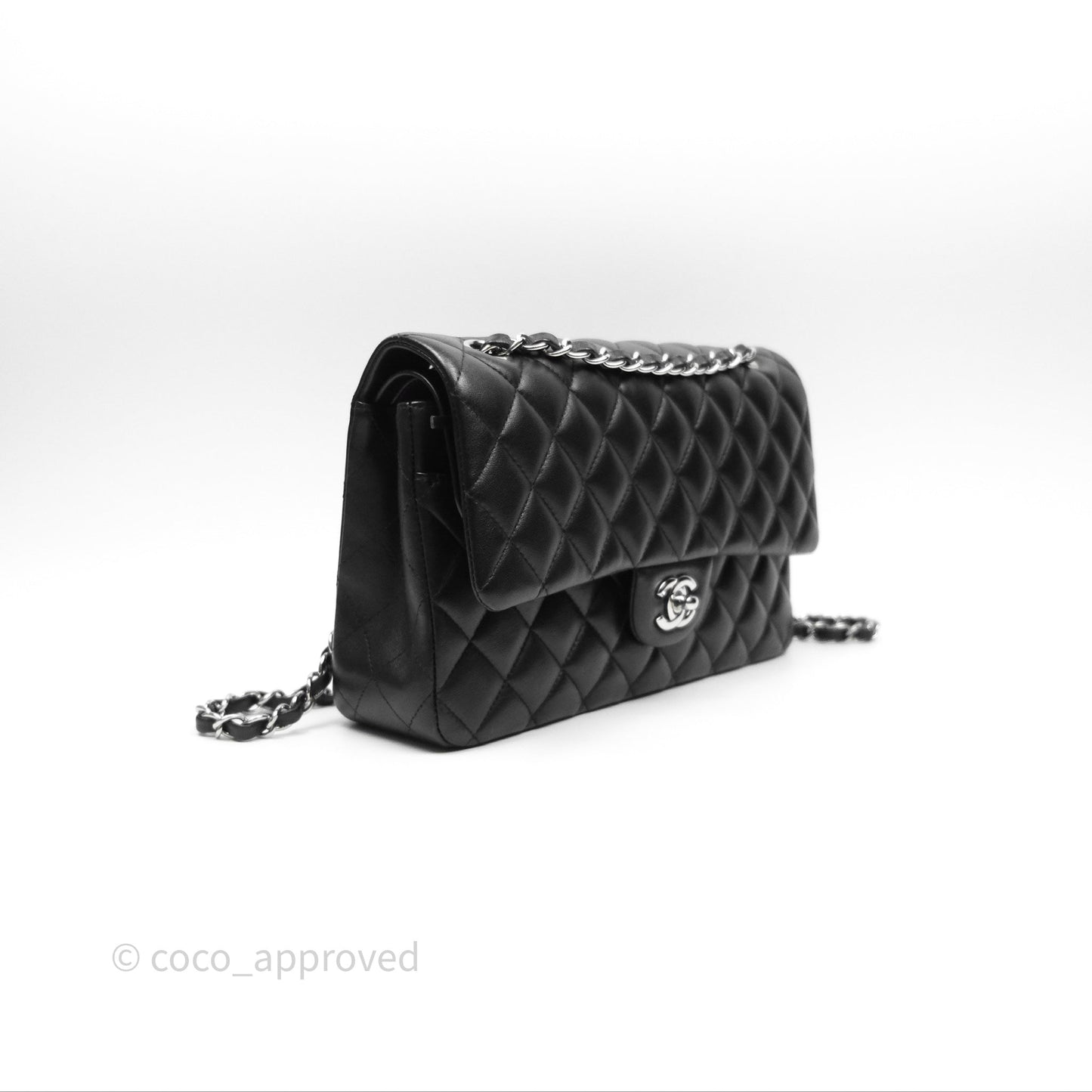 Chanel Classic M/L Medium Flap Quilted Black Lambskin Silver Hardware