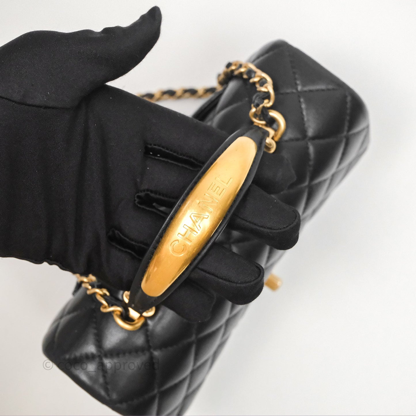 Chanel Metal Top Handle Mini Rectangular Flap Bag Black Lambskin Aged Gold Hardware