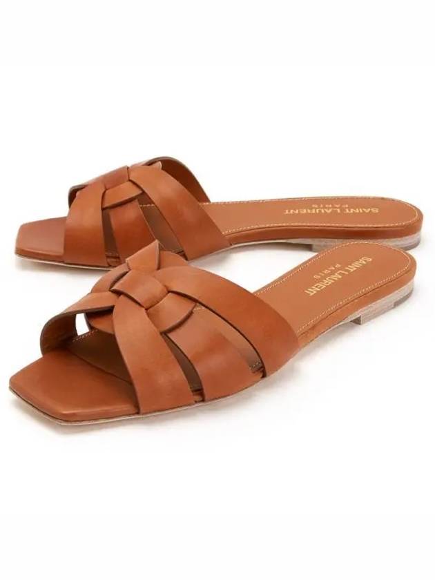 Luxury Saint Laurent Tribute Smooth Leather Flat Mules Amber