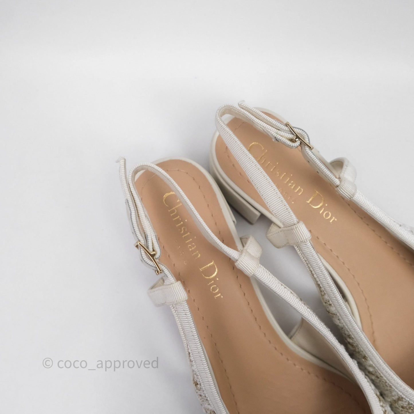Dior Ballet Slingback Pump White Cannage Tweed Gold-Tone Metallic Thread