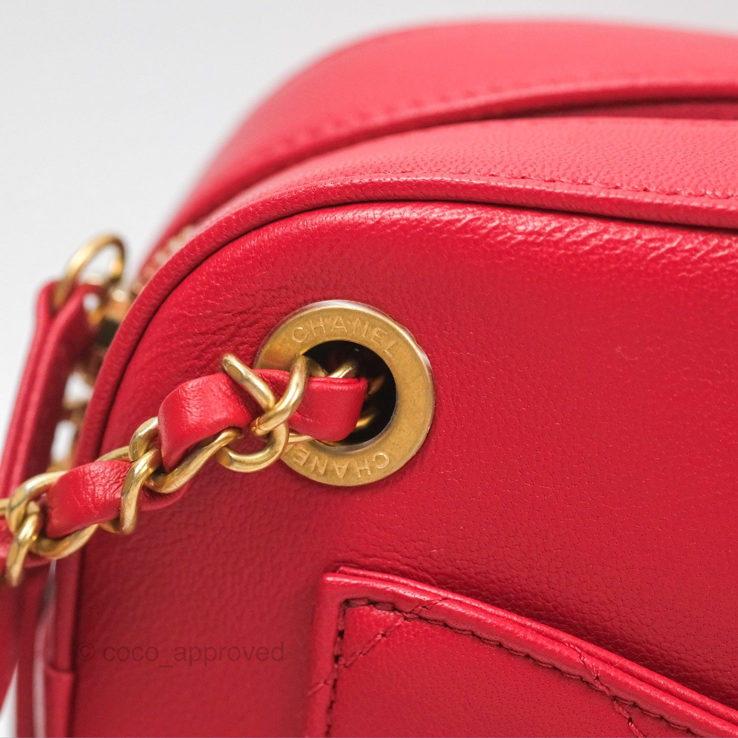 Chanel Chain Infinity Camera Case Red Goatskin Aged Gold Hardware