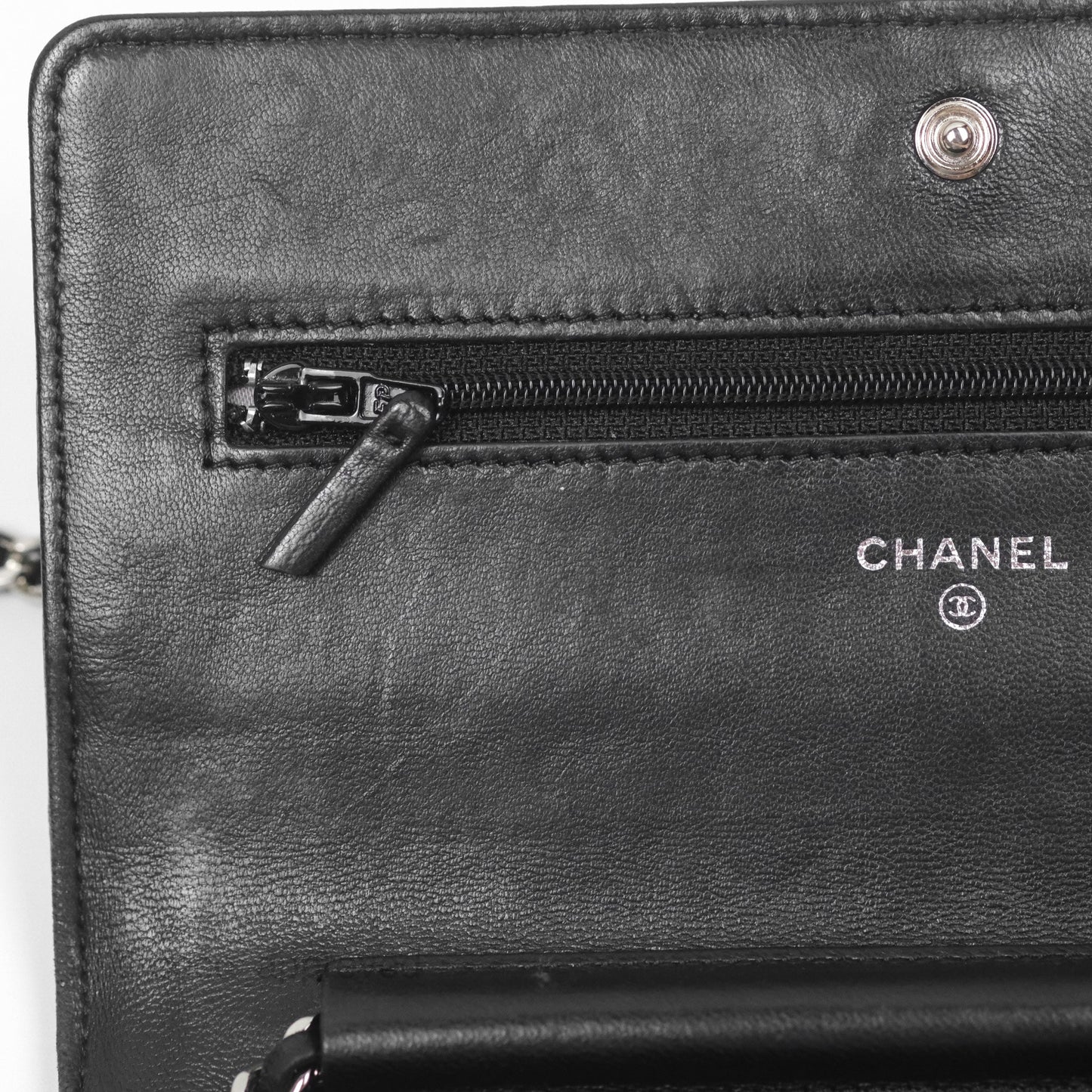 Chanel Camellia Embossed Wallet on Chain WOC Black Lambskin Silver Hardware