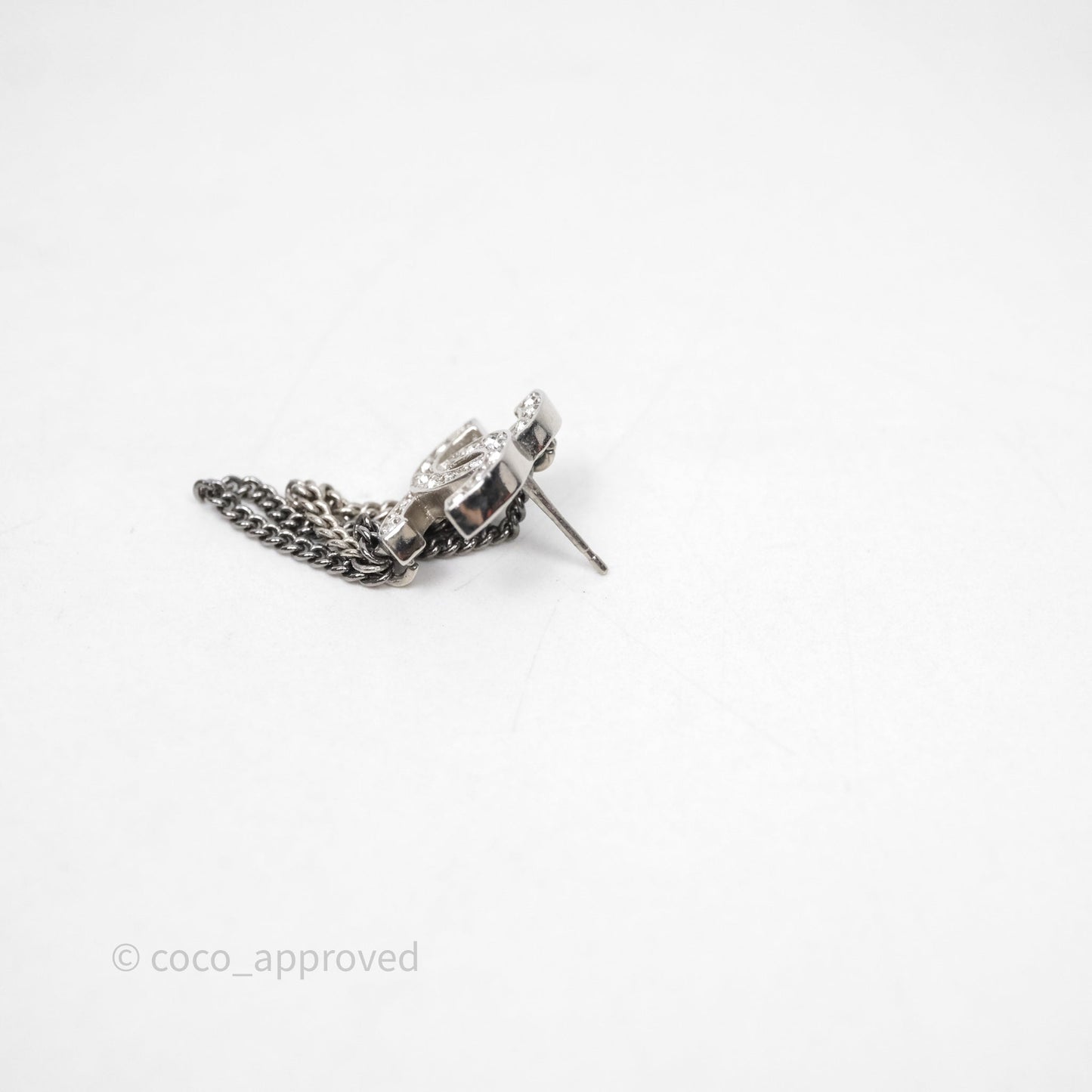 Chanel CC Crystals Chains Drop Earrings Silver Tone 21B