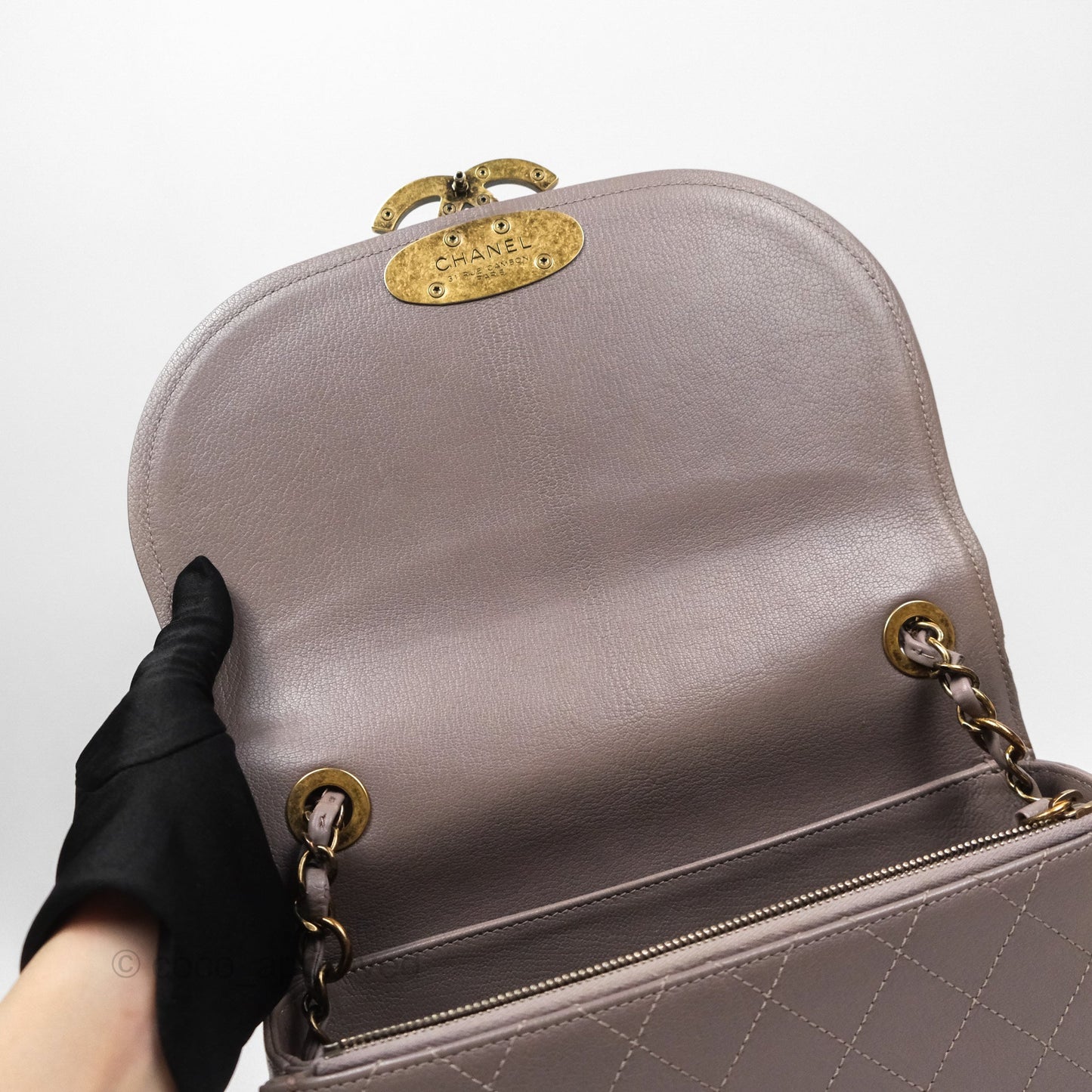 Chanel Coco Curve Flap Burnished Lilac Grey Calfskin Goatskin Antique Gold Hardware