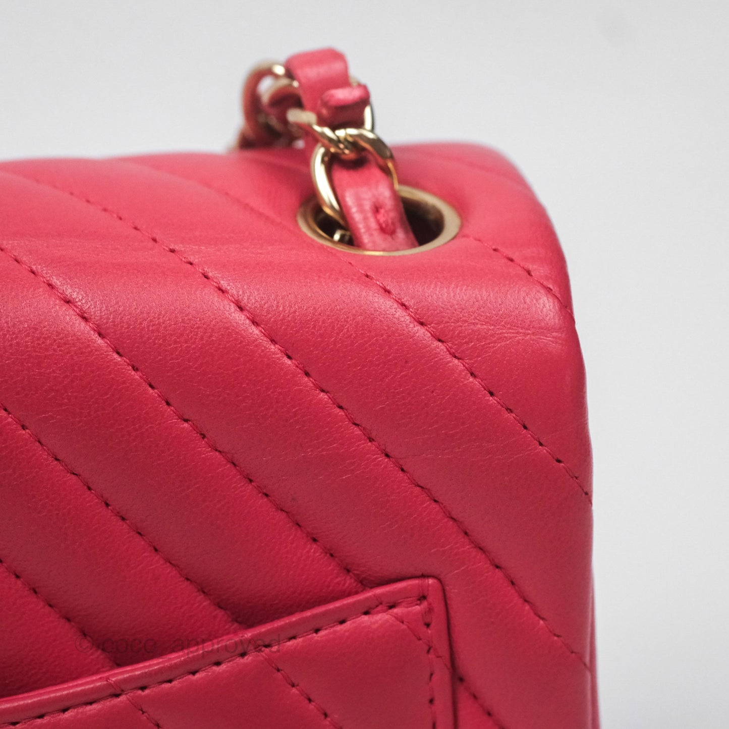Chanel Mini Square Flap Chevron Dark Pink Lambskin Gold Hardware