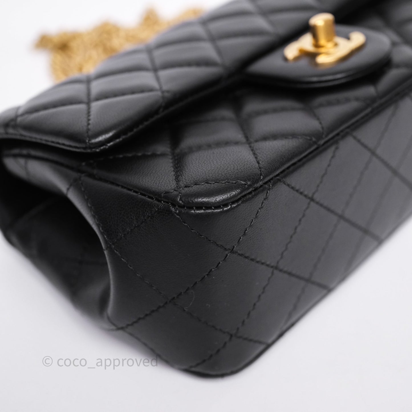 Chanel Mini Rectangular Flap with Camellia Adjustable Chain Black Lambskin Aged Gold Hardware
