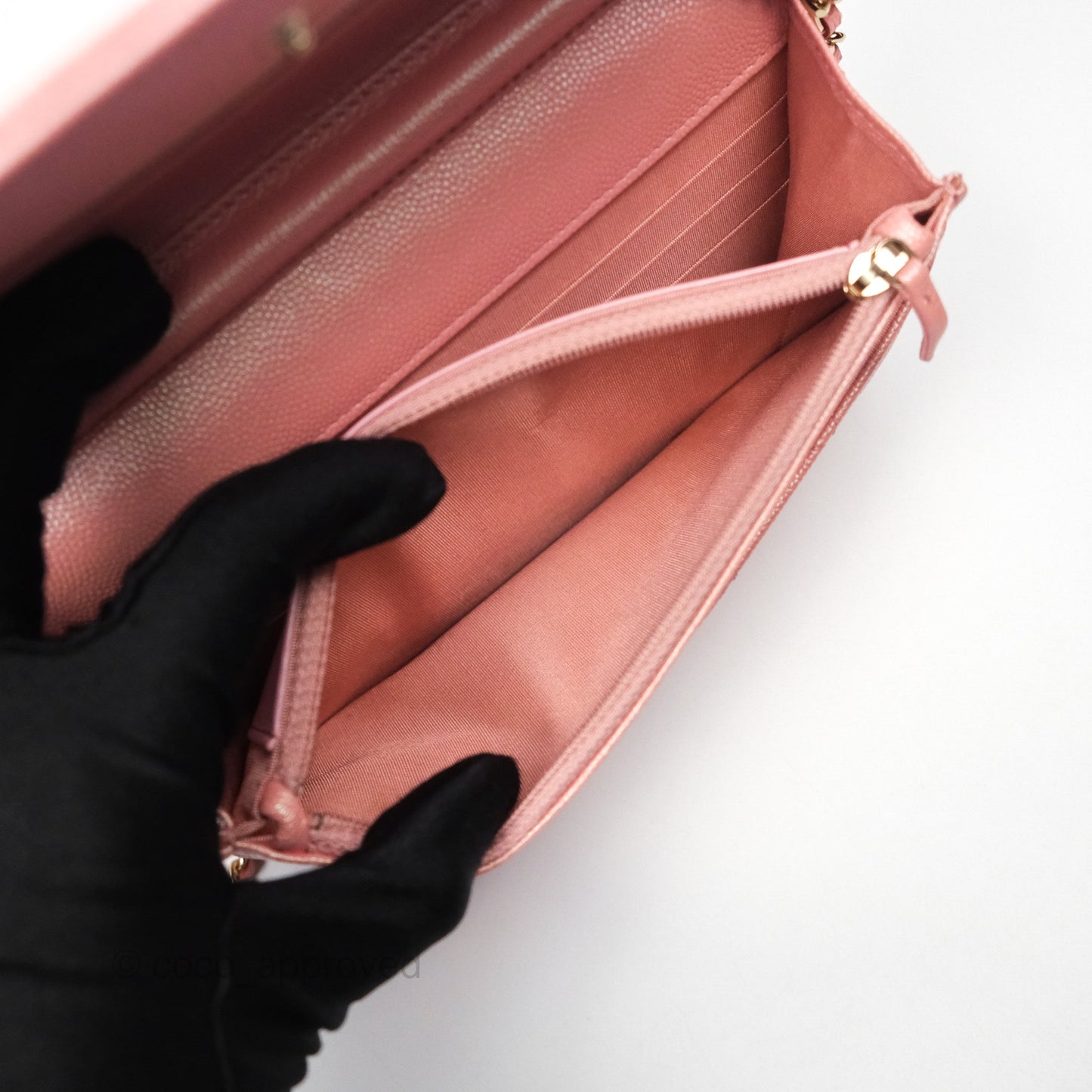 Chanel Classic Quilted Wallet on Chain WOC Iridescent Pink Caviar Gold Hardware