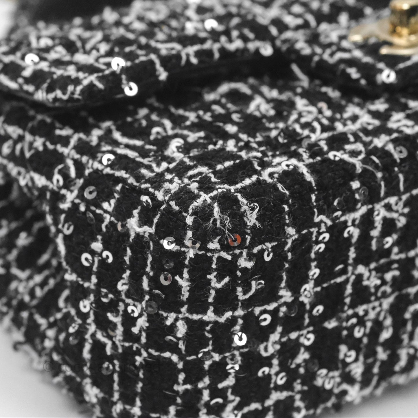 Chanel Top Handle Mini Rectangular Flap Black/ White Sequin Tweed Gold Hardware 24P