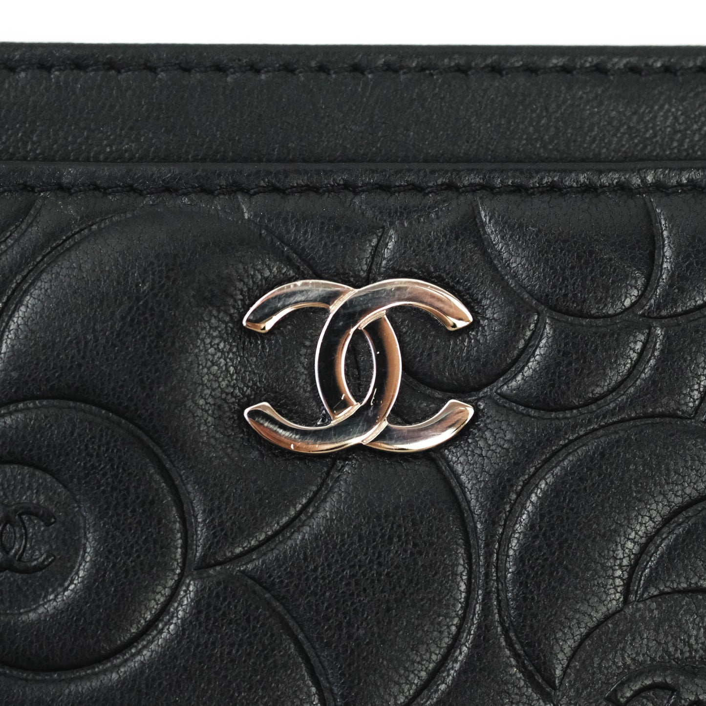 Chanel Classic Camellia Embossed Lambskin Card Holder Silver Hardware