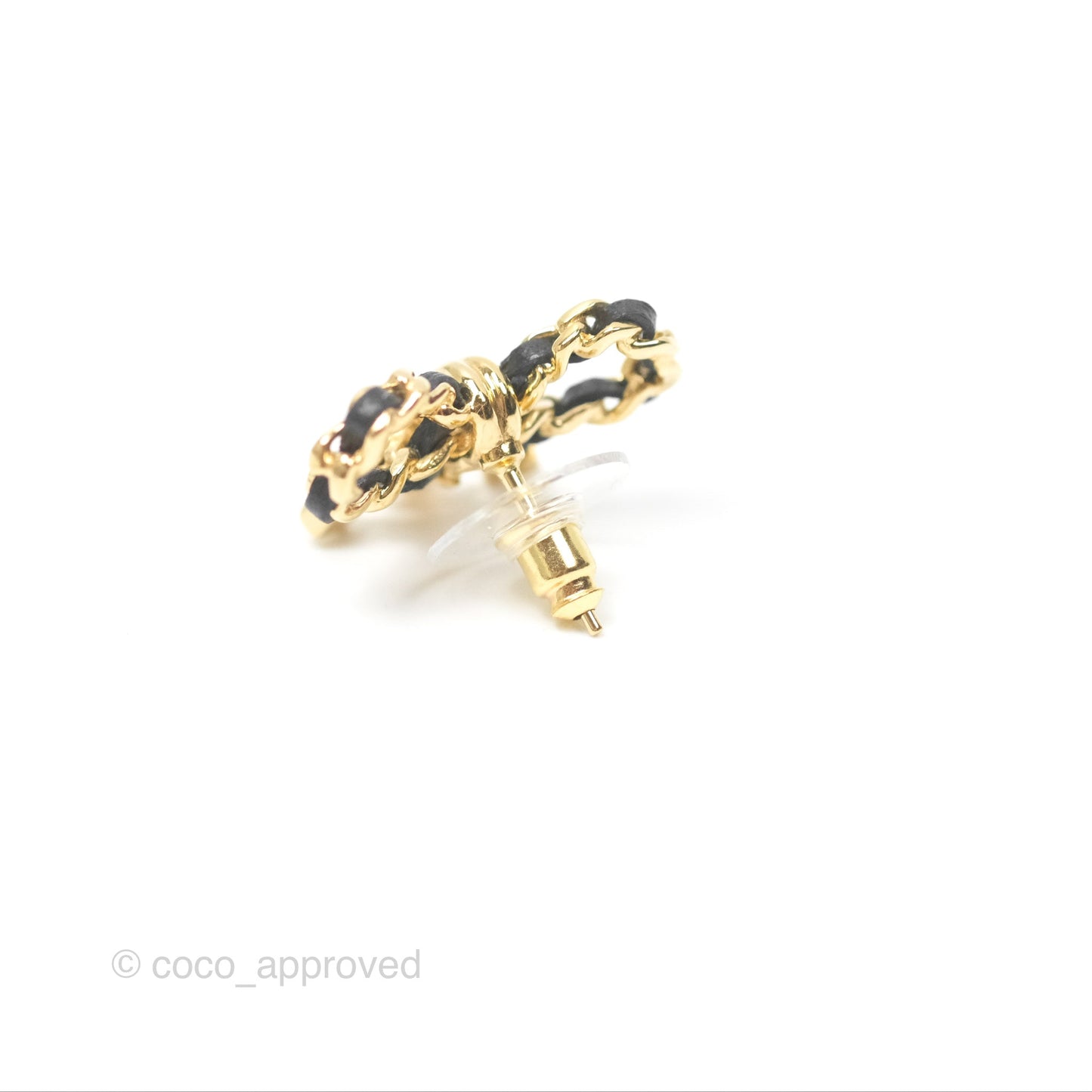 Chanel Woven Ribbon Bow Black Earrings Gold Tone 24V