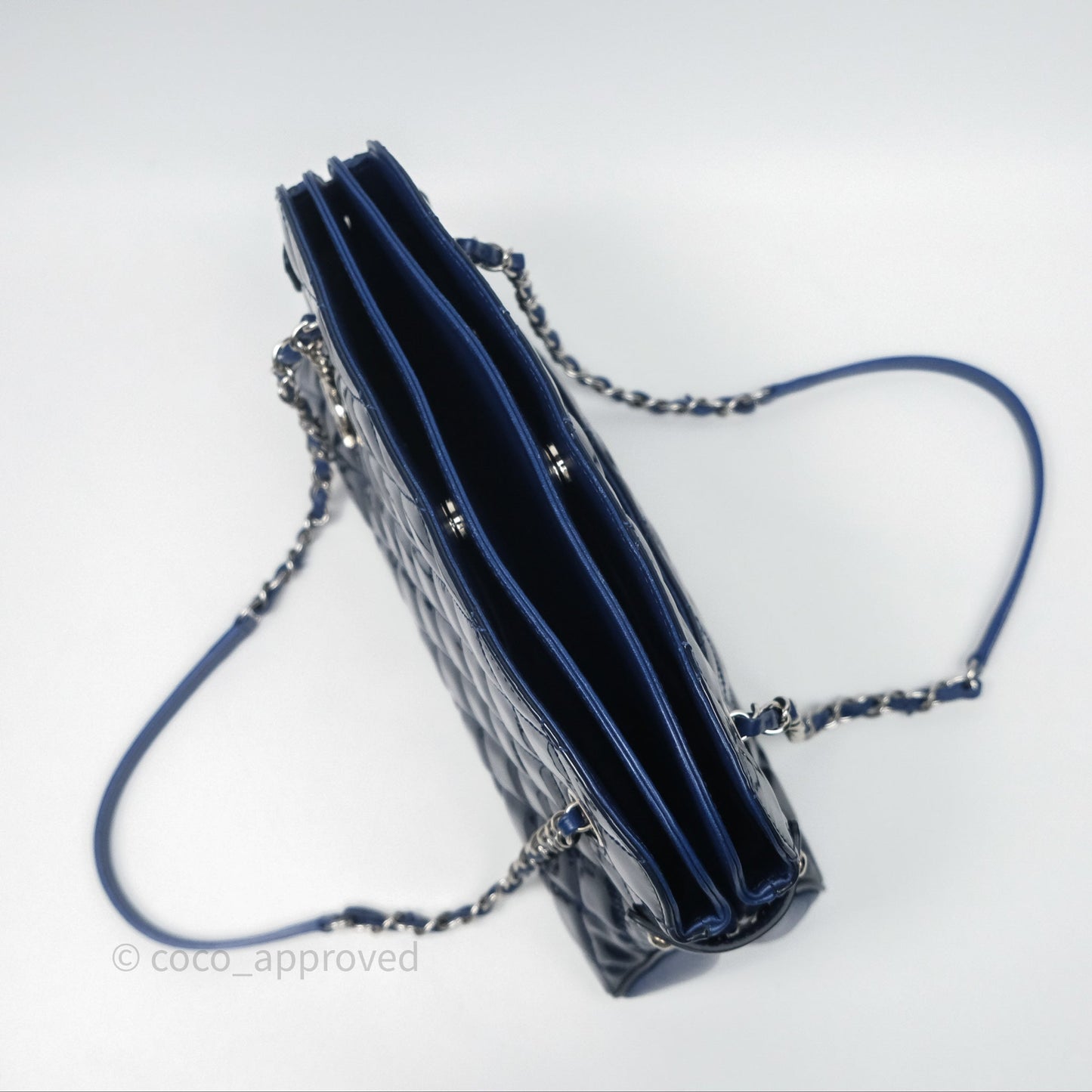 Chanel Quilted Bowling Tote Royal Blue Patent Silver Hardware