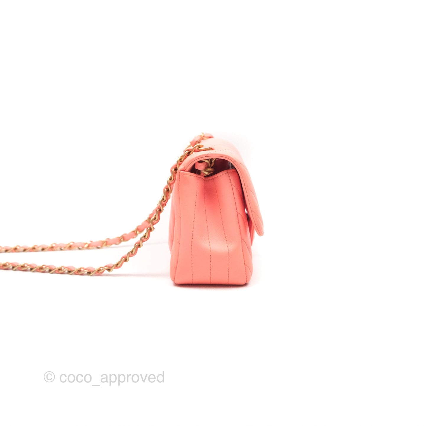 Chanel Chevron Mini Rectangular Flap Peach Pink Lambskin Aged Gold Hardware
