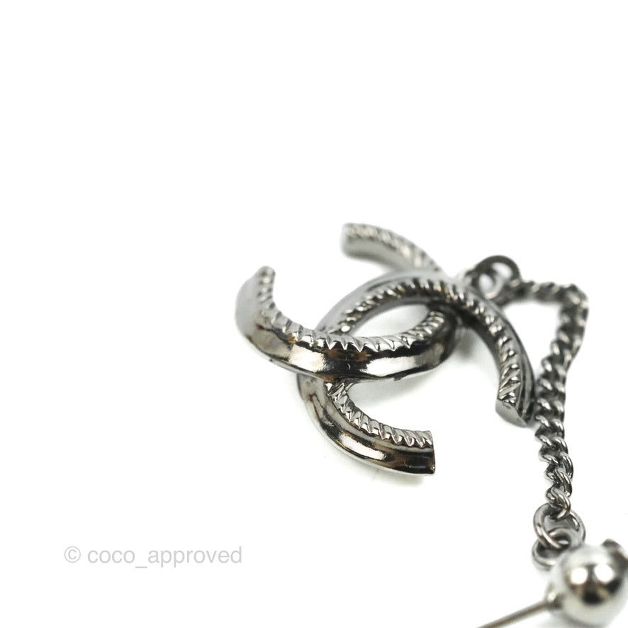 Chanel CC Long Drop Earrings Gun Metal 14A