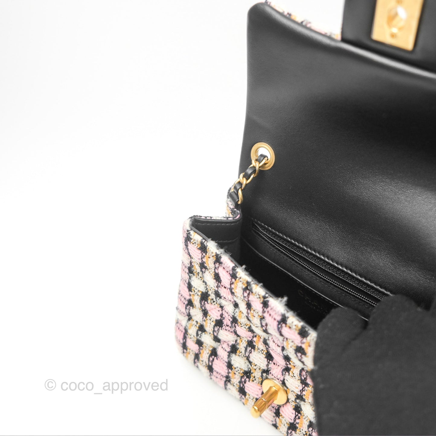Chanel Pearl Crush Mini Square Quilted Pink Tweed Aged Gold Hardware