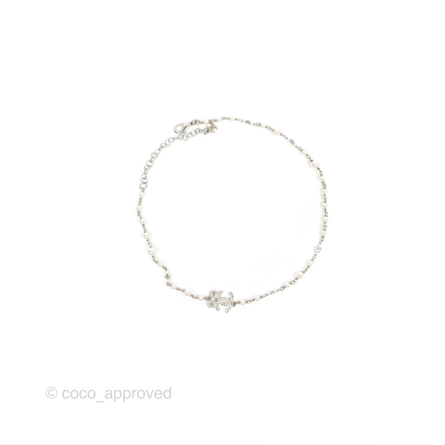 Chanel Ribbon Bow CC Crystal Pearl Chain Necklace Silver Tone 22B