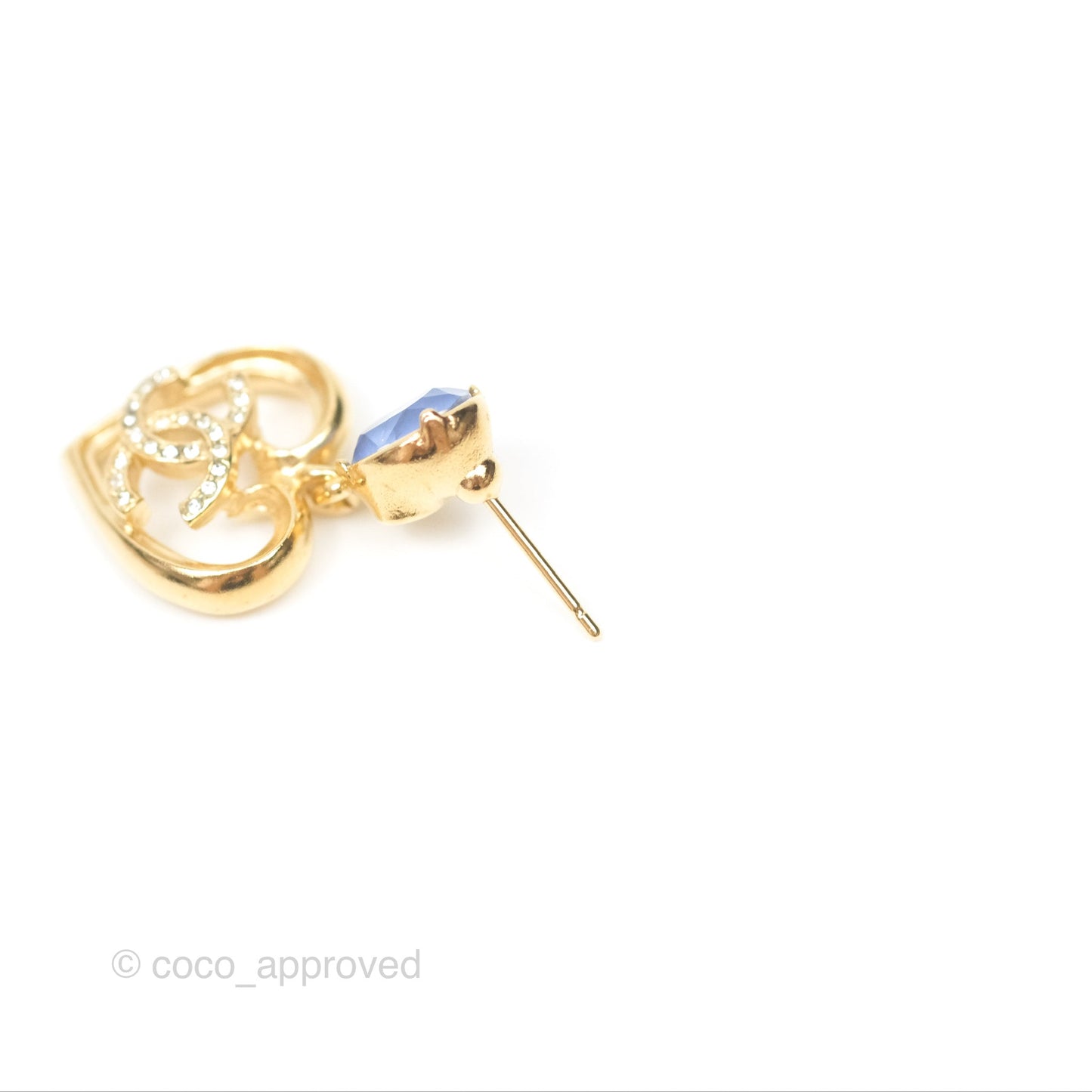 Chanel Oval Blue Resin Heart CC Drop Earrings Gold Tone 23C