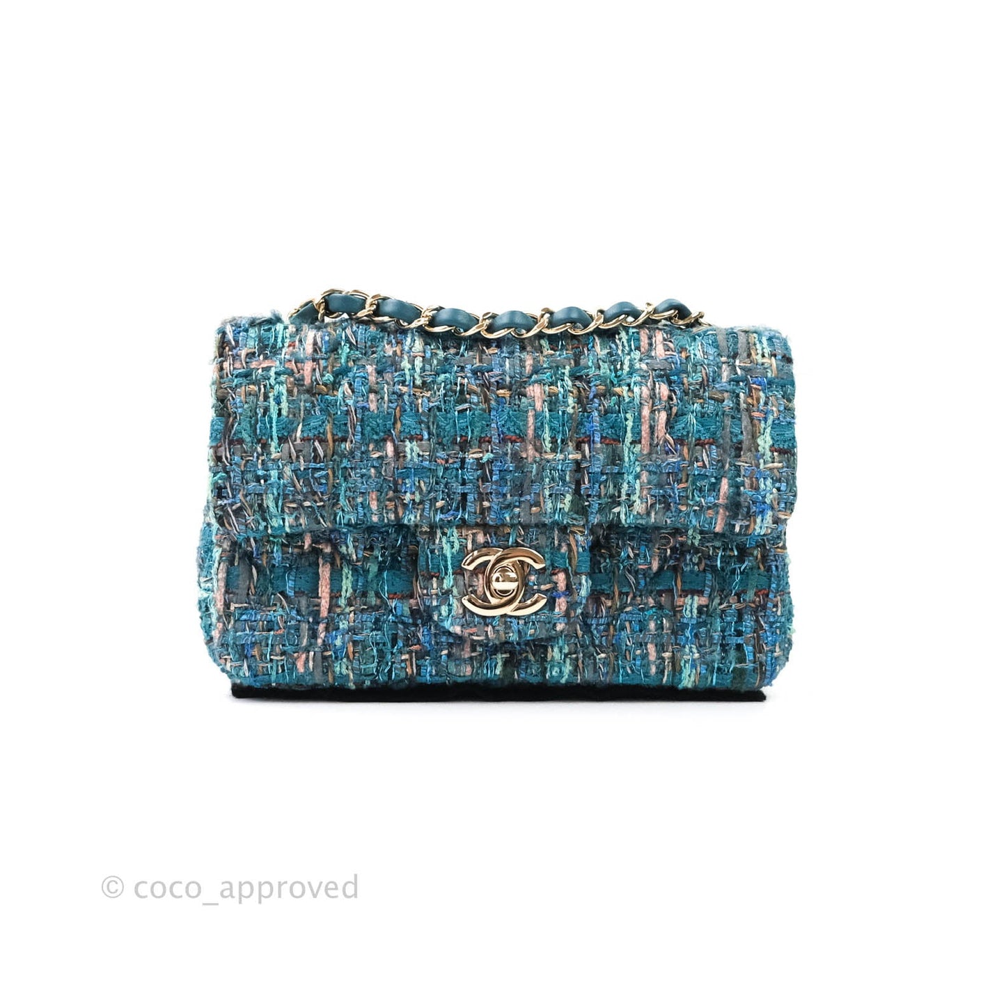 Chanel Quilted Mini Rectangular Turquoise Tweed Gold Hardware
