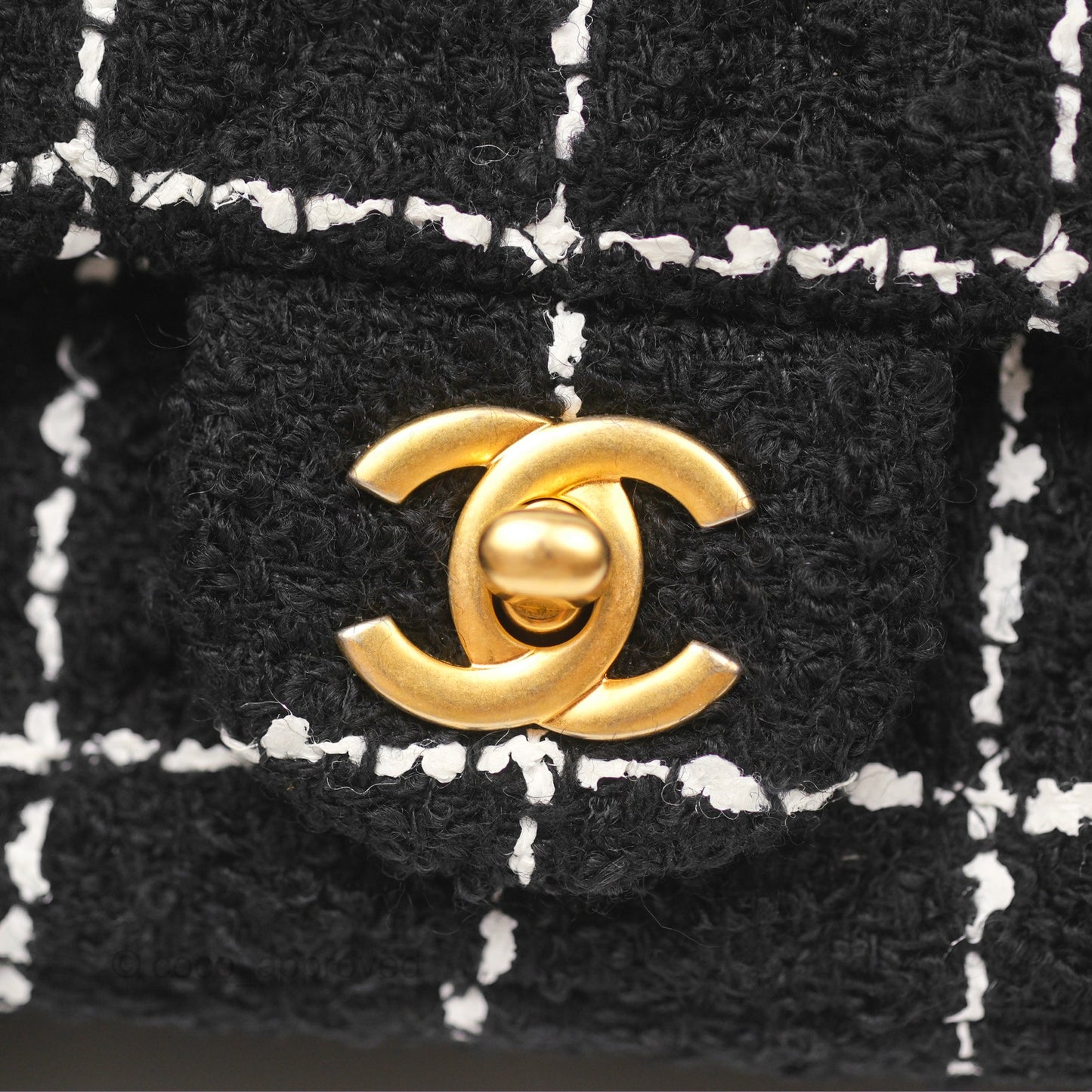 Chanel Mini Rectangular Pearl Crush Tweed Black White Grid Aged Gold Hardware
