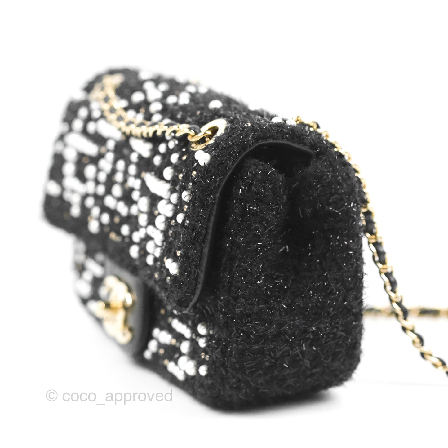 Chanel Black Faux Pearl Embellished Tweed Mini Cosmos Flap Bag