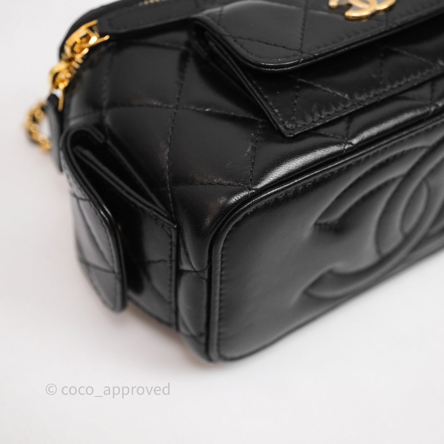 Chanel Quilted Top Handle Pocket Vanity Case Black Shiny Lambskin Bag Gold Hardware