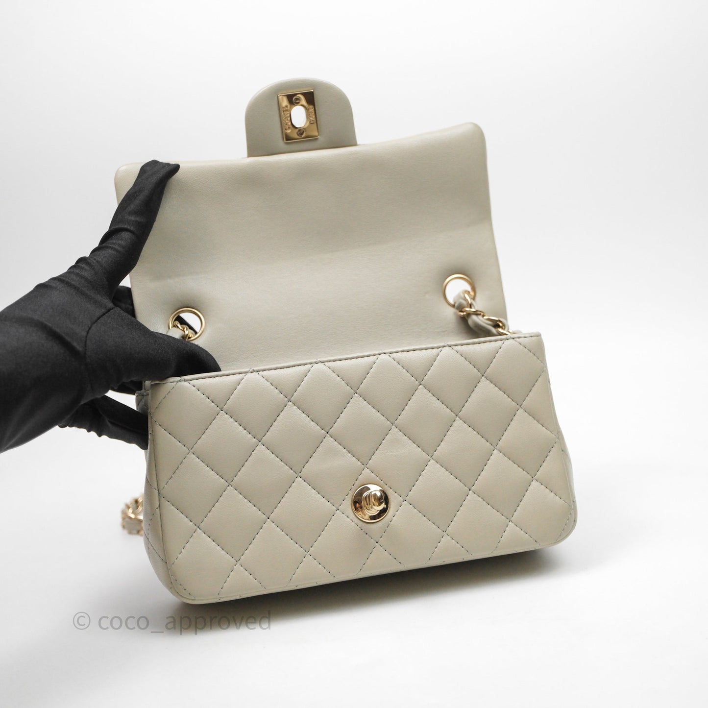 Chanel Mini Rectangular Flap Quilted Light Grey Lambskin Gold Hardware 22C