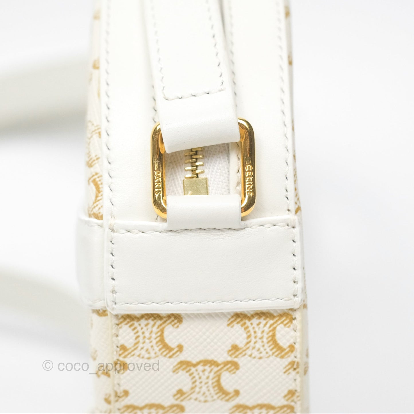 Celine Round Purse on Strap Triomphe Canvas White Calfskin