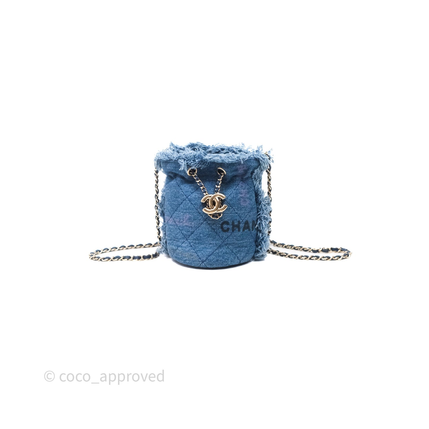 Chanel Mood Denim Mini Bucket Bag with Chain Blue Gold Hardware