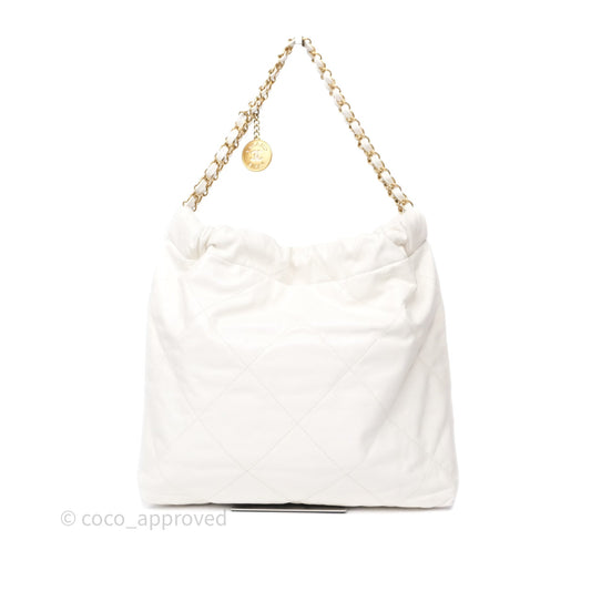 Chanel 22 Medium White Shiny Crumpled Calfskin Aged Gold Hardware