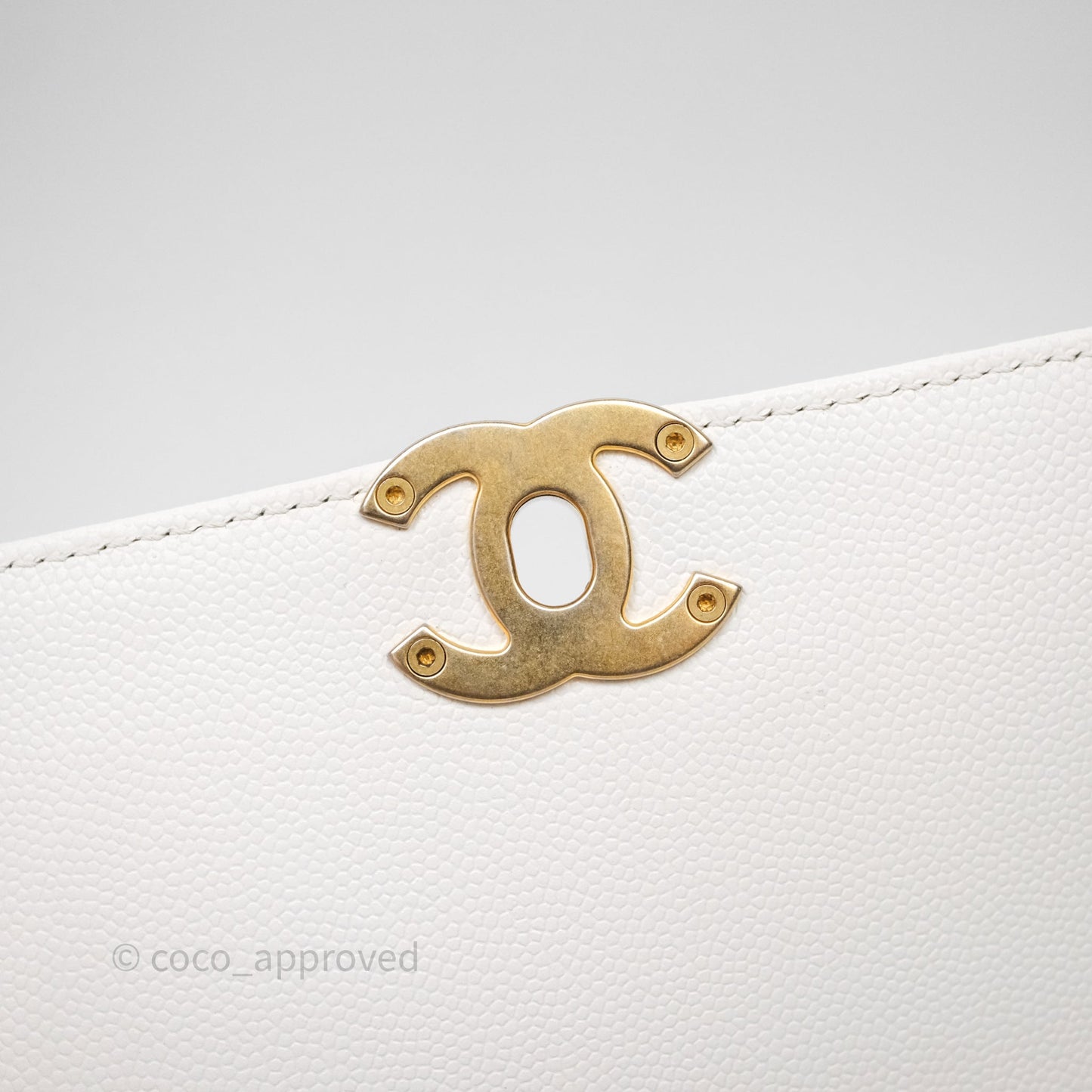 Chanel Bracelet On Chain Small Flap Bag White Caviar Aged Gold Hardware
