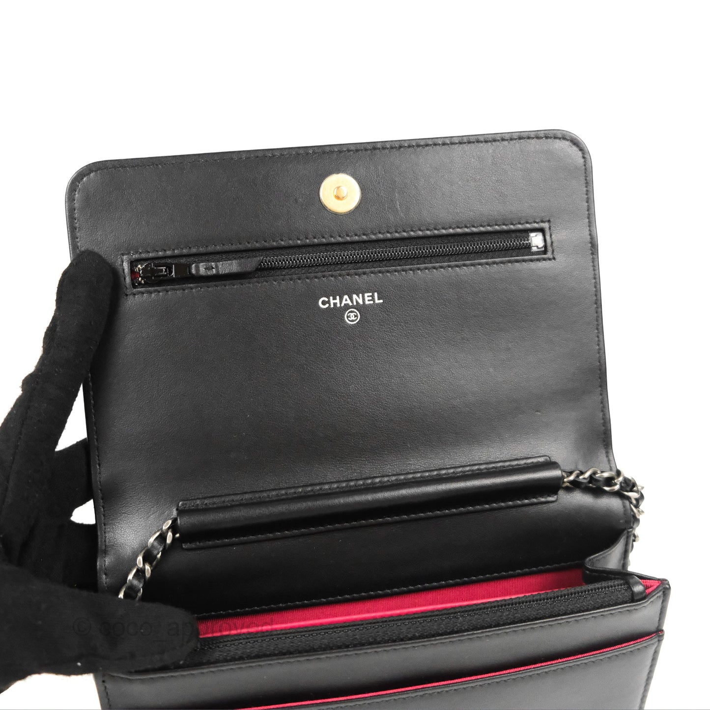 Chanel Chevron Wallet on Chain WOC Black Calfskin Gold Hardware
