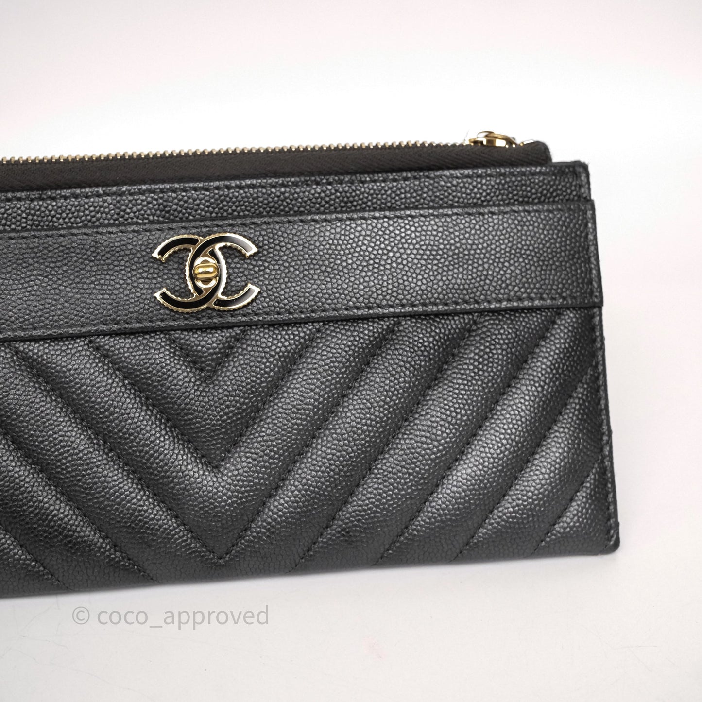 Chanel Chevron Zip Long Wallet Grey Caviar Gold Hardware