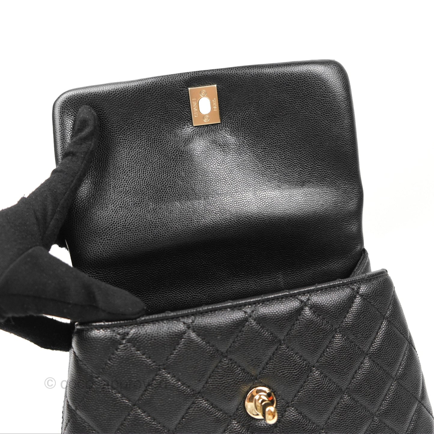 Chanel Small Coco Handle Black Caviar Gold Hardware Lizard Embossed Handle