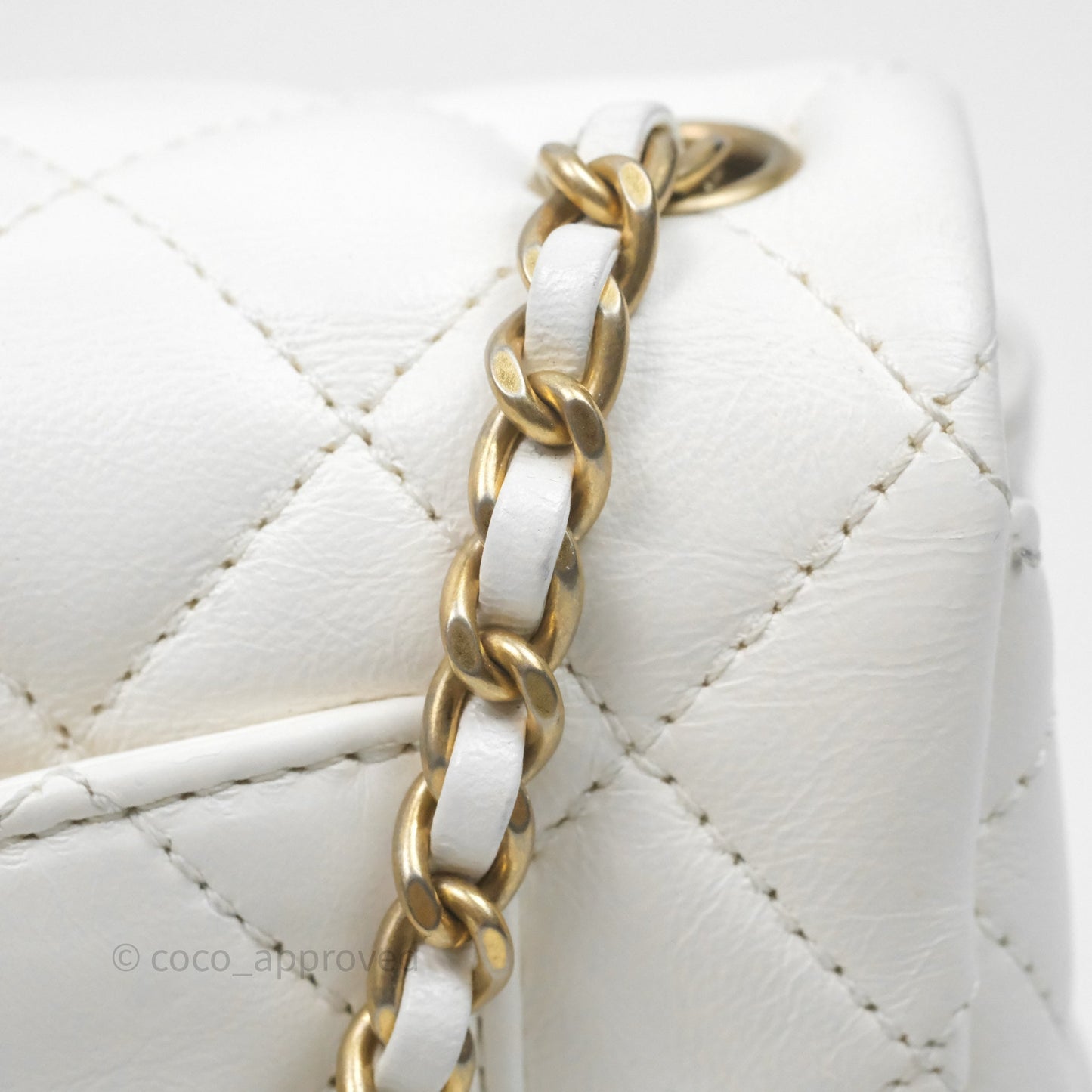 Chanel Mini Rectangular Pearl Crush Quilted White Lambskin Aged Gold Hardware