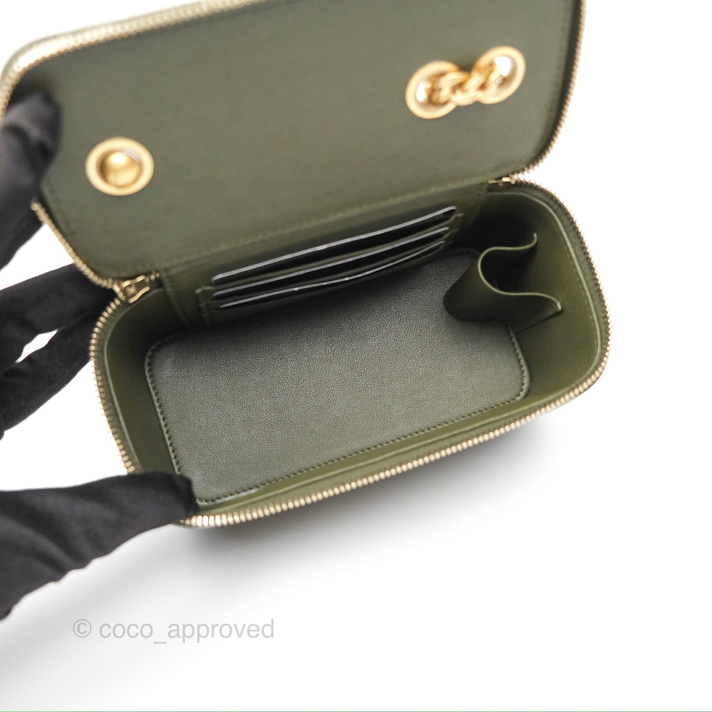 Chanel All Slide Vanity with Adjustable Chain Dark Olive Green Lambskin Aged Gold Hardware