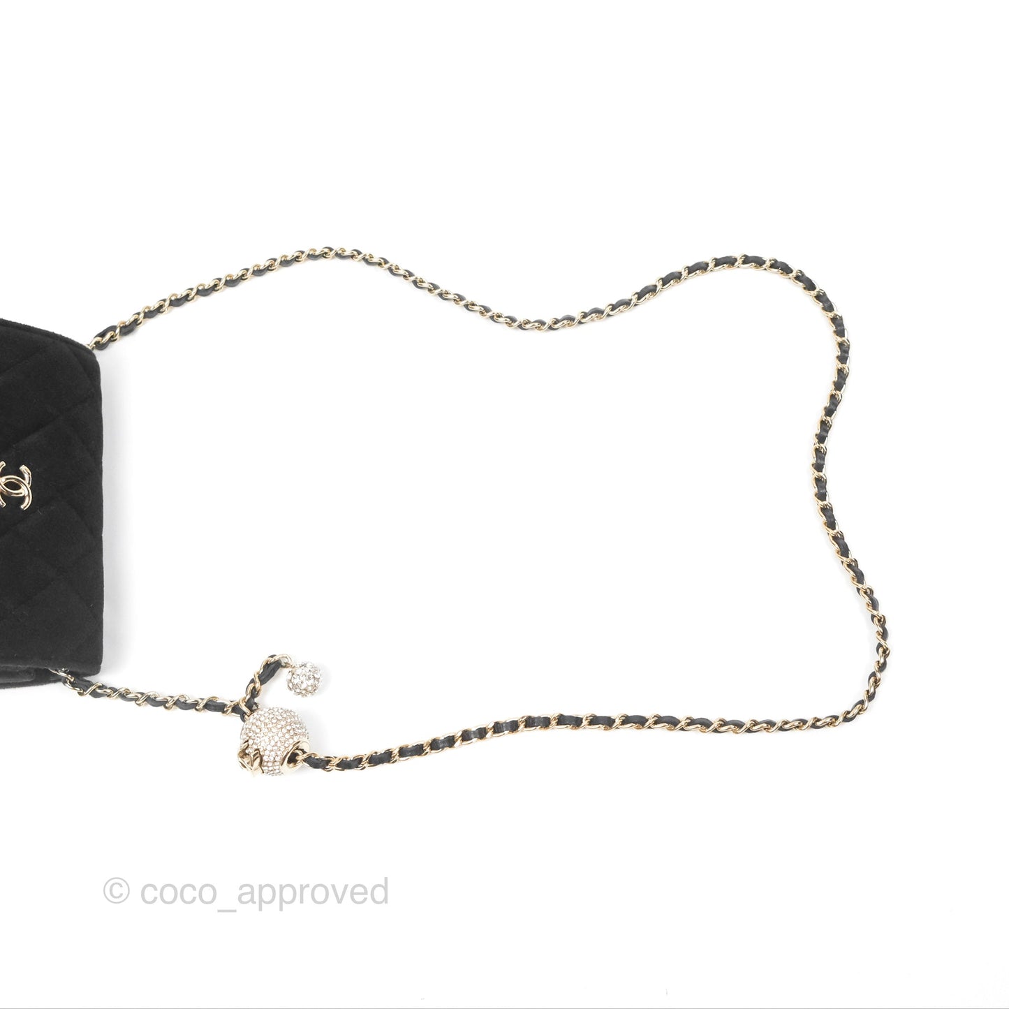 Chanel Crystals Pearl Crush Mini Belt Bag with Chain Black Velvet Gold Hardware