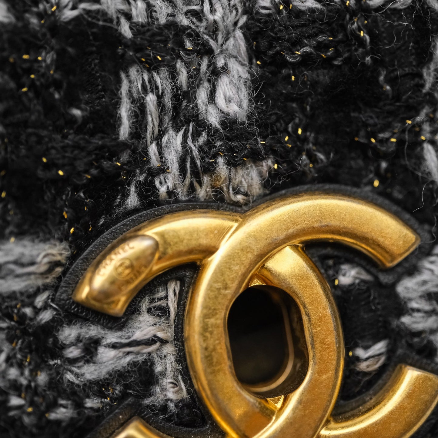 Chanel Mini Flag Bag Black & Grey Tweed Aged Gold Hardware