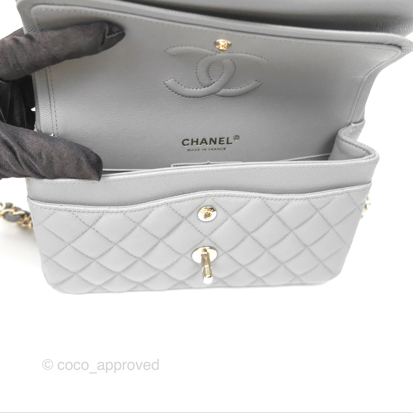 Chanel Small Classic Quilted Flap Grey Caviar Gold Hardware