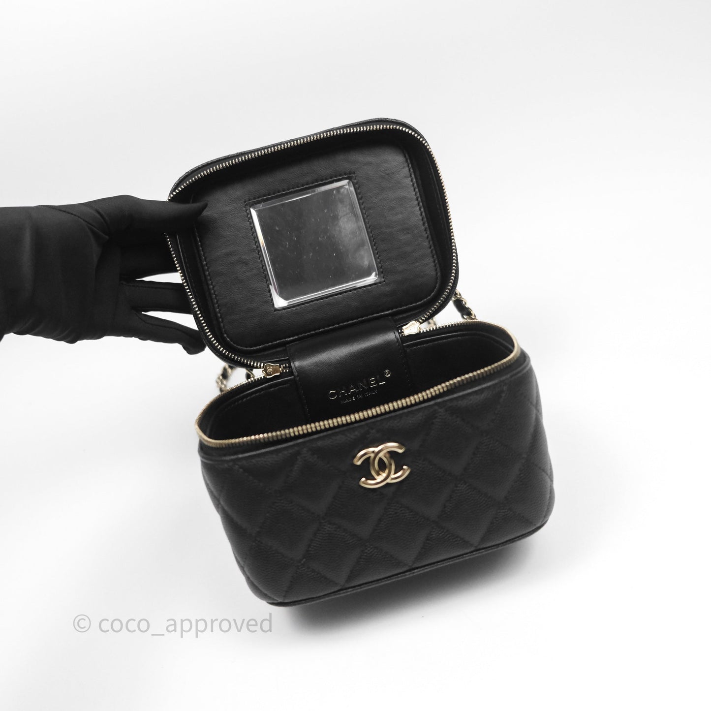 Chanel Quilted Top Handle Vanity Case Black Caviar Gold Hardware