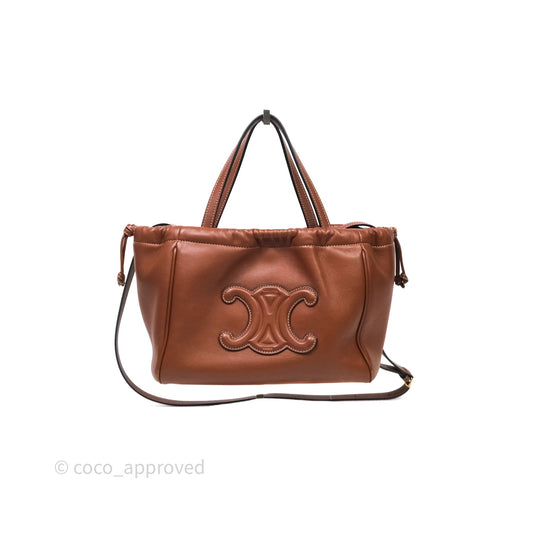 Celine Drawstring Cabas Tote Bag Triomphe in Grained Calfskin Tan