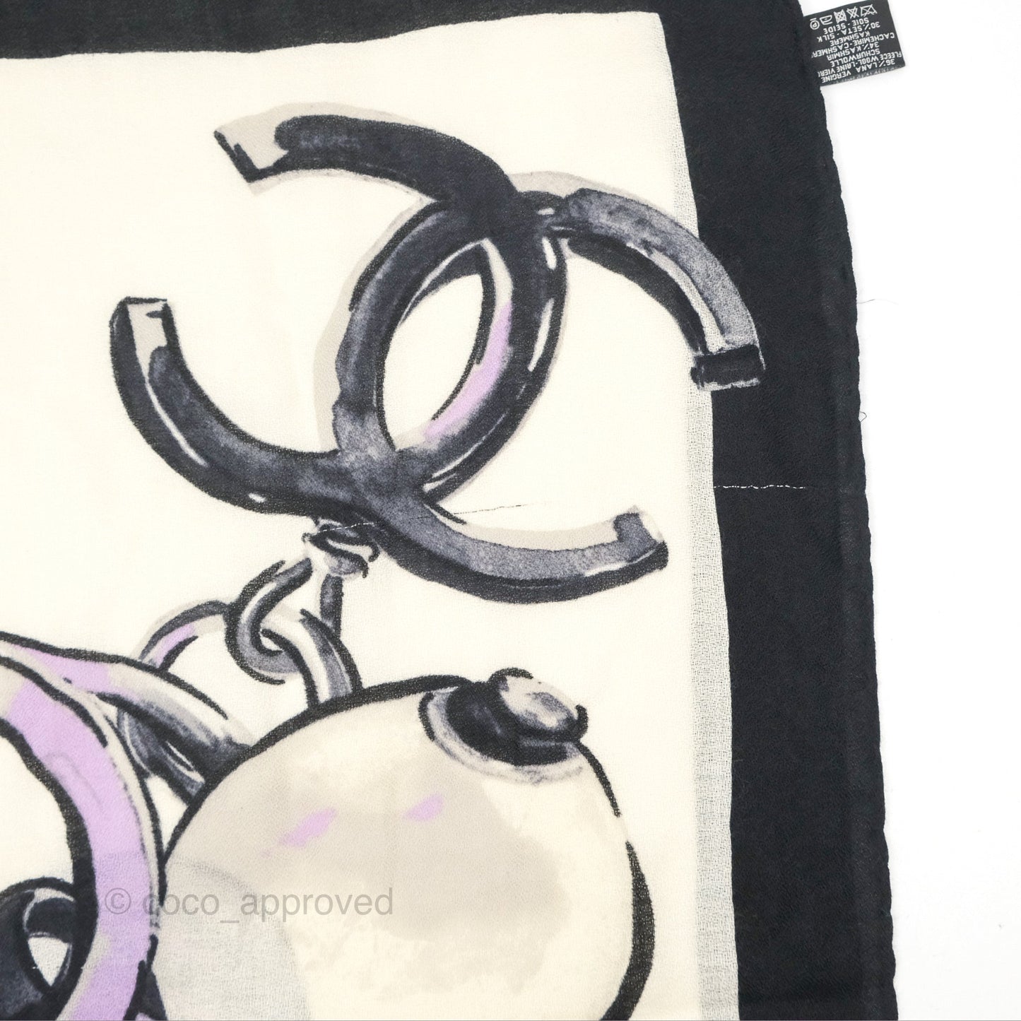 Chanel Pearl Chain CC Print Scarf Wool/Cashmere/Silk Ivory Black